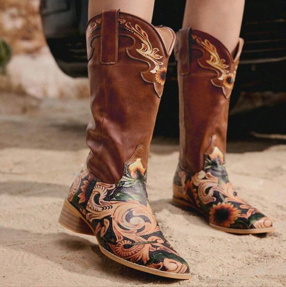 Women Square Toe Printed Mid-Calf Western Boots - Picture 1 of 5